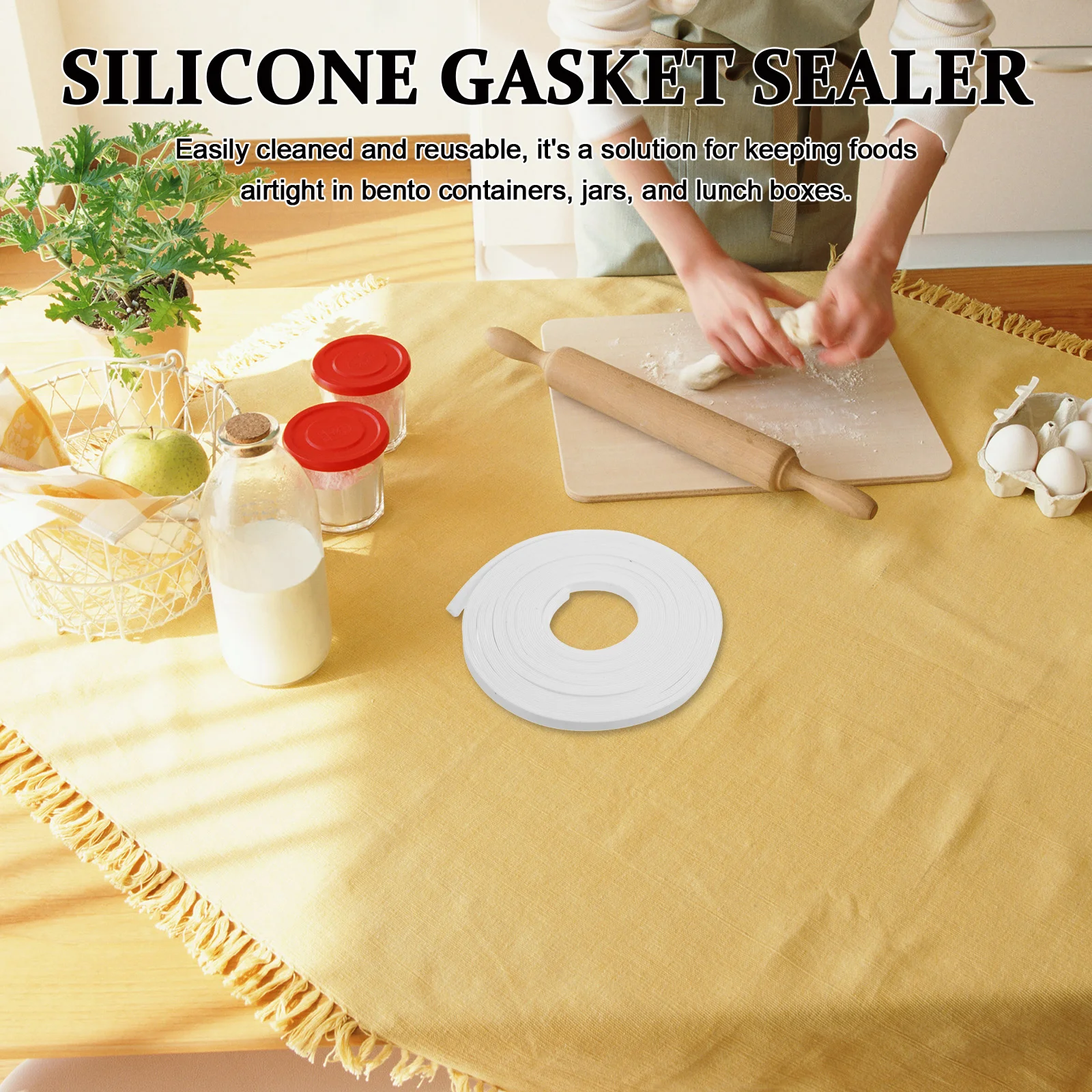 Silikonowa taśma uszczelniająca do lunchboxów, możliwość cięcia, 5 metrów, szczelna, zamienna uszczelka, hermetyczny pierścień do pojemników na żywność, do bento boxów i słoików.