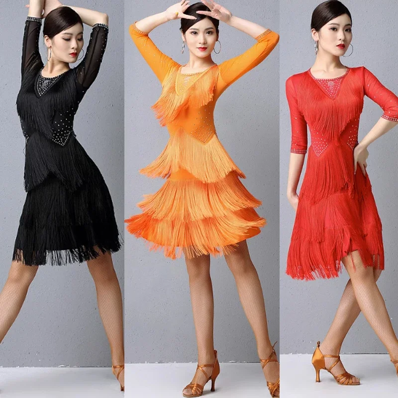 

3 Colors Professional Samba Tango Dancing Clothes Women Latin Performance Costume Fringe Latin Dance Competition Dress