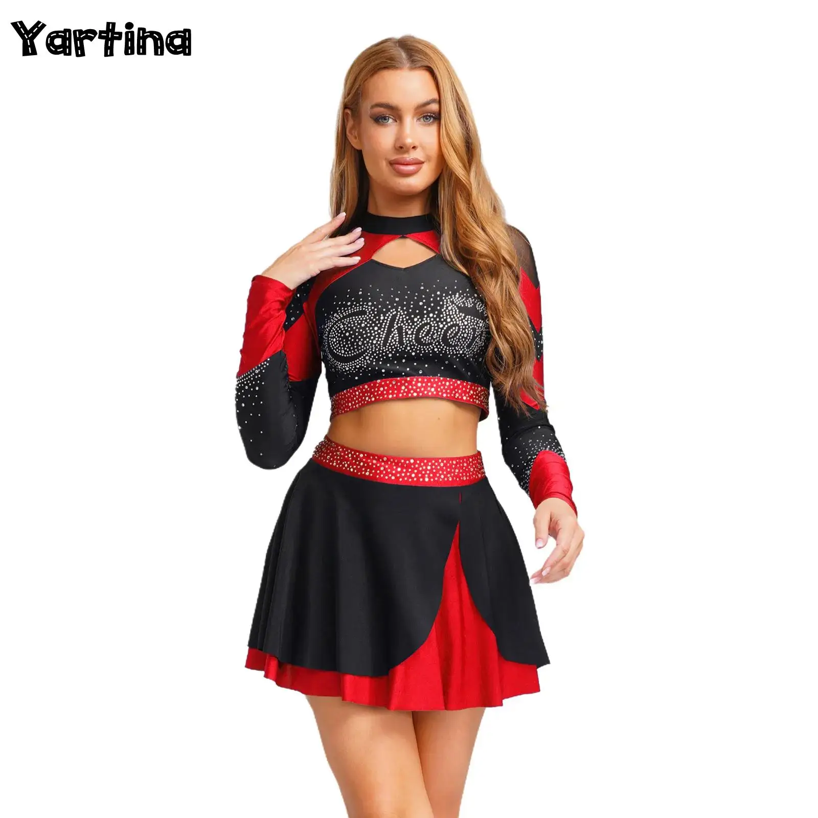 

Womens Shiny Rhinestone Modern Dance Outfits Cheerleading Uniform Cheerleader Costumes Hollow Out Crop Top And Skating Skirt
