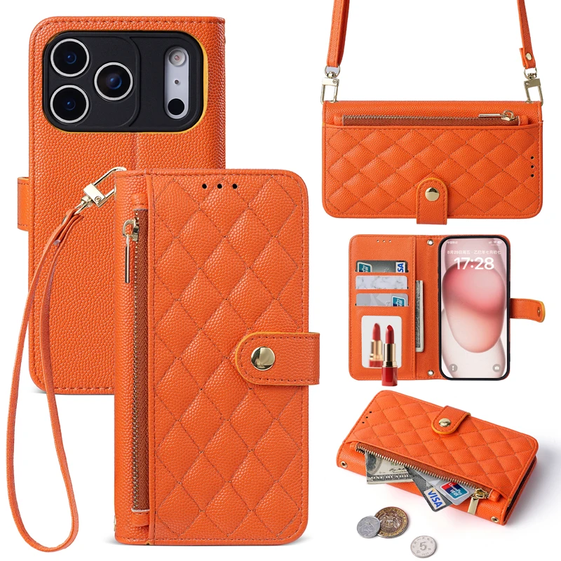 Crossbody Reißverschluss-Kartenfach Brieftasche Flip Litchi-Muster Leder Handyhülle für iPhone 17 Pro Max 16 Plus 15 14 13 Standfunktion Cover
