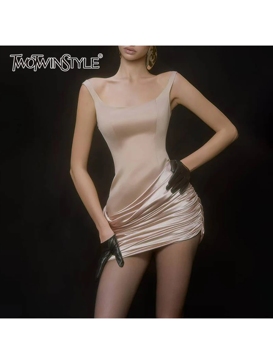 TWOTWINSTYLE Fit Ruched Draped Mini Dress for Women Square Neck Sleeveless Patchwork Zipper Slimming Dresses Female New Style