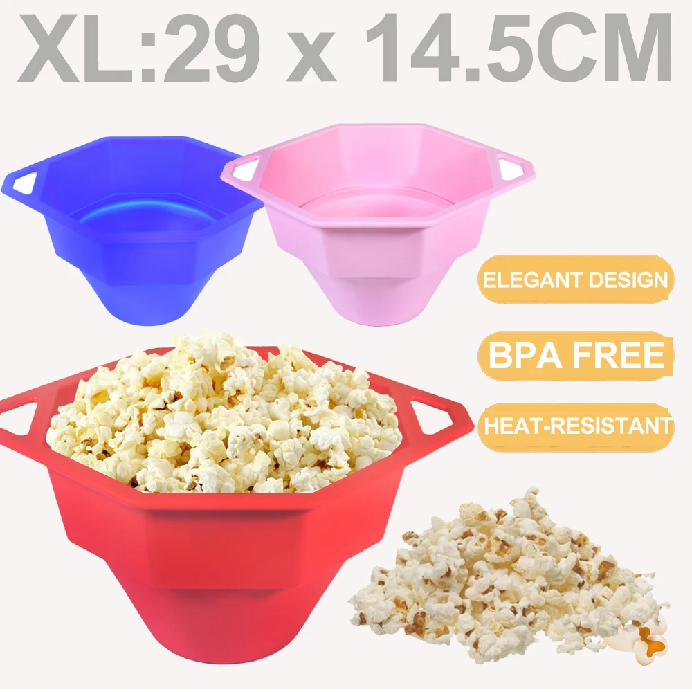 Silicone Microwave Popcorn Bowl Bucket with Lid DIY Popcorn Maker Air Popper Bowl Large Capacity Homemade Kitchen Baking Tools