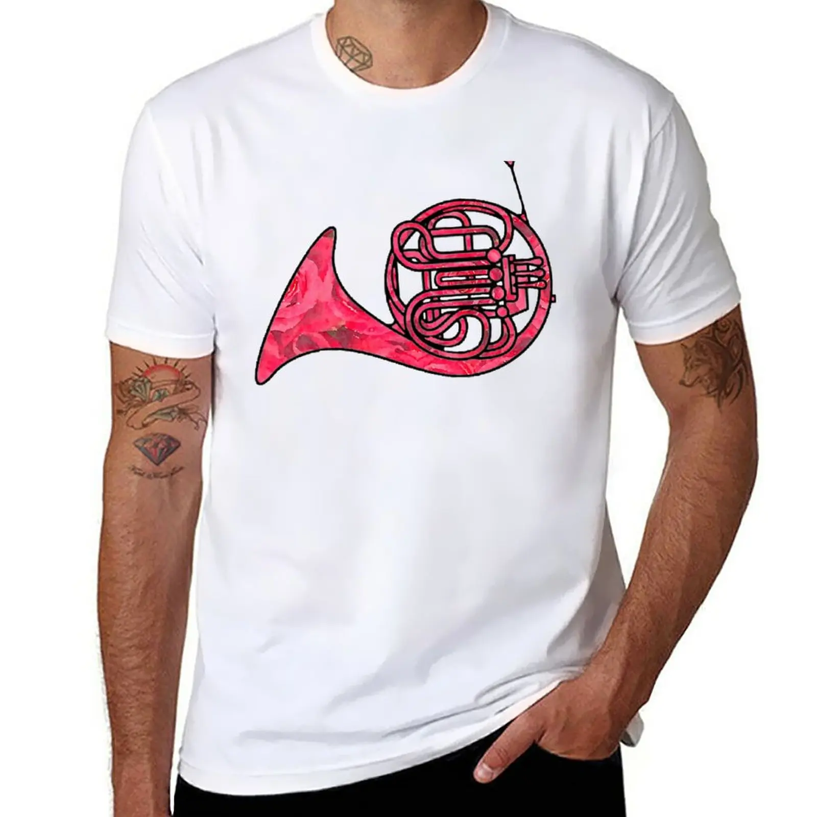 New French Horn in Rose Print T-Shirt animal print shirt for boys cute clothes mens tall t shirts