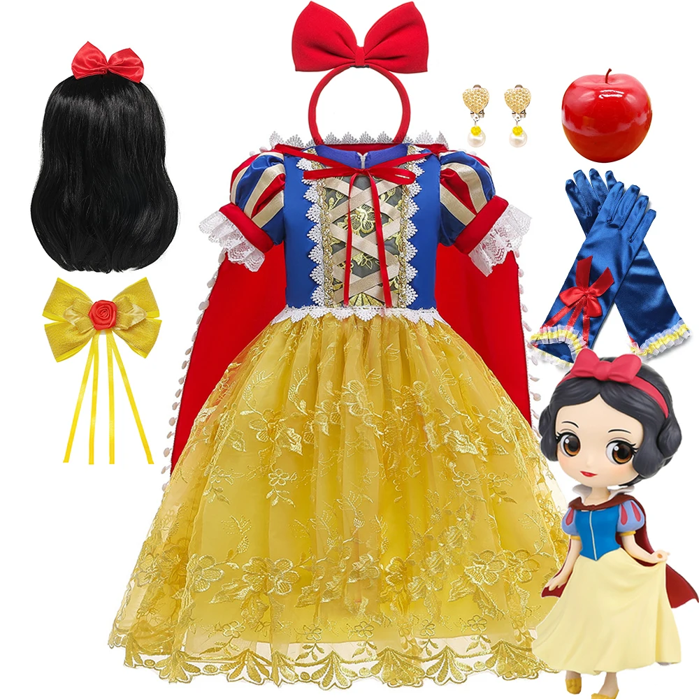 Costume de princesse Disney Blanche-Neige pour enfants, robe de déguisement d'Halloween, manches bouffantes, fête d'anniversaire de paupières pour filles