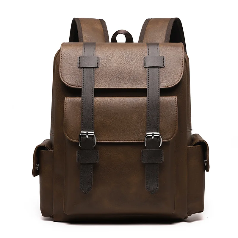 

Men retro soft PU leather backpack large capacity travel bag belt buckle school bag
