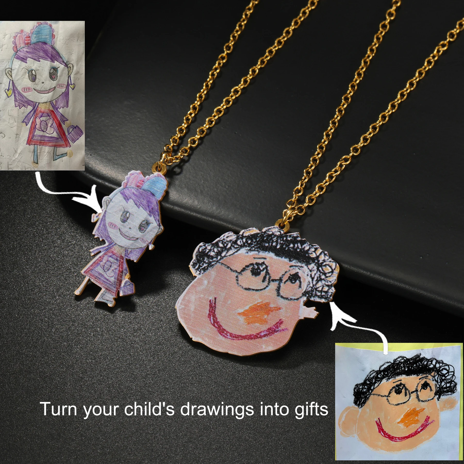 Customized Children's Drawing Necklace Personalized Colorful Kid's Art Necklace Stainless Steel Women Kids Family Jewelry Gift