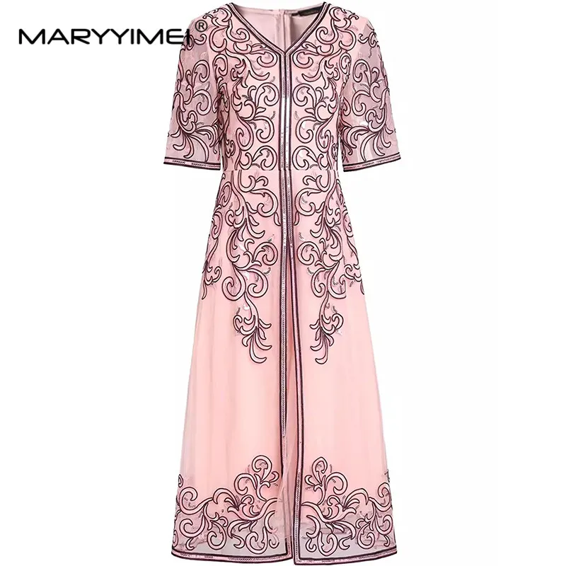 MARYYIMEI Fashion Design Spring Summer Women's V-Neck Short-Sleeved Mesh Sequins Splicing High Waisted Solid Color Dresses