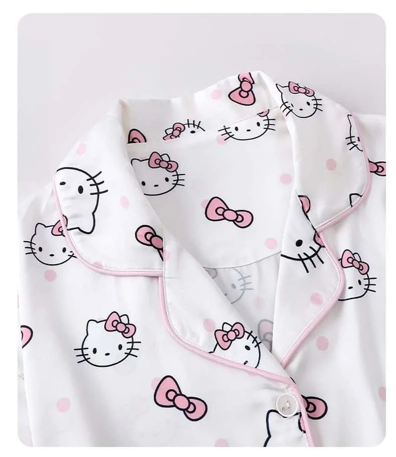 

Hello Kitty Ice Silk Lace-Trimmed Polo Collar Loungewear Set | Women's Summer Short Sleeve & Shorts | Breathable Homewear 2025