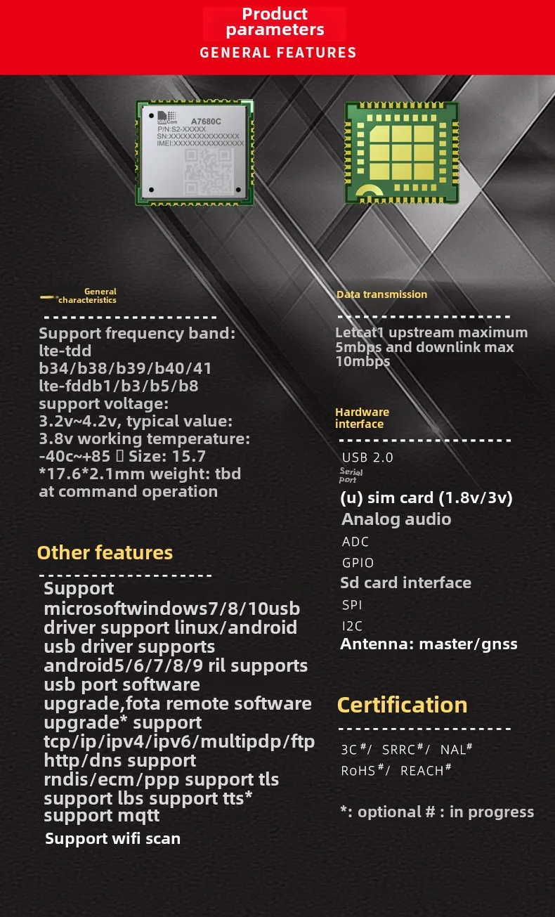 Módulo de comunicação SIMCOM core signal A7680C 1606 plataforma 4g com posicionamento de voz dual SIM suporte cartão SD