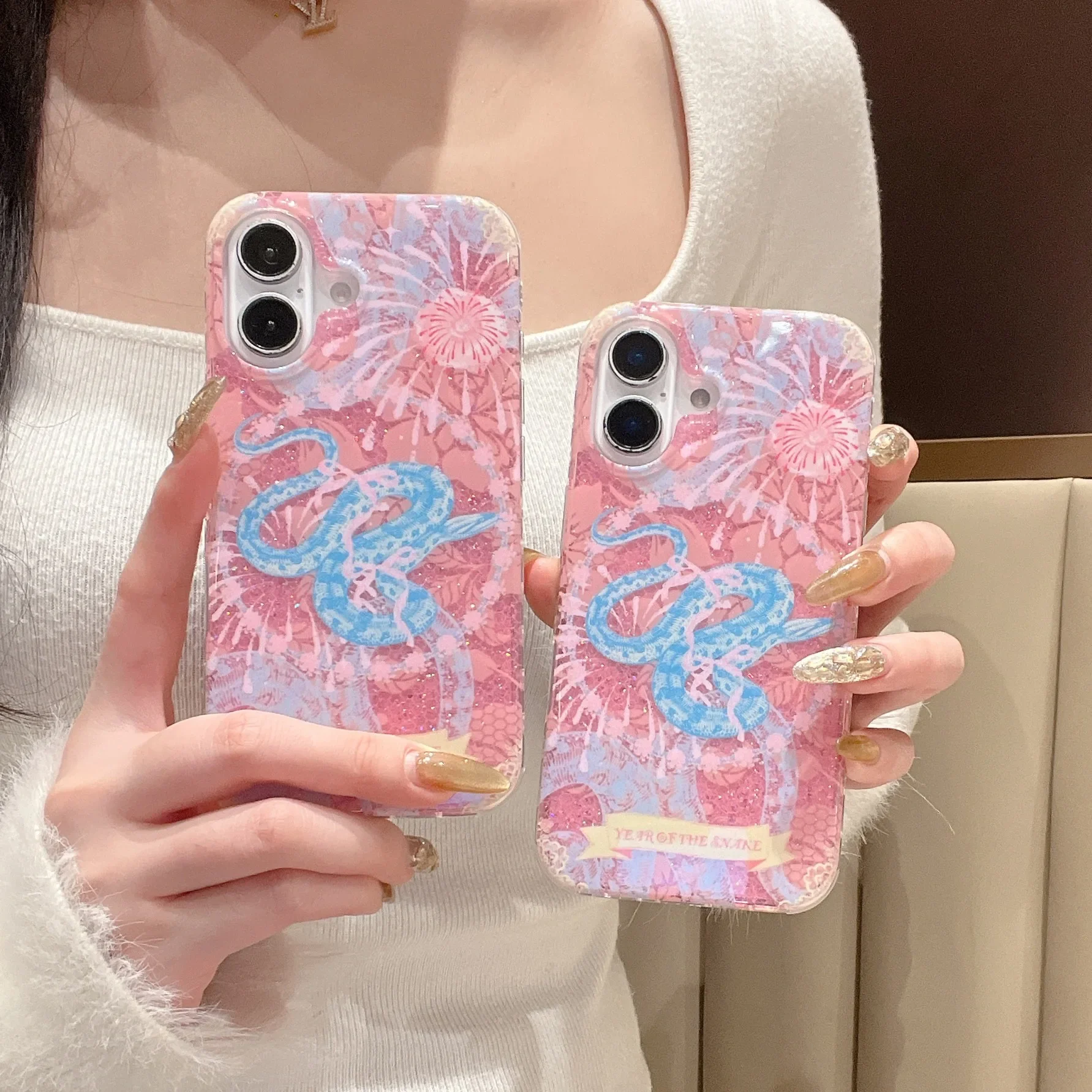 Pink Fireworks Jungle python Totems art Phone case For iPhone 16 15 14 13 Pro Max Case Luxury Cartoon glitter shockproof Cover