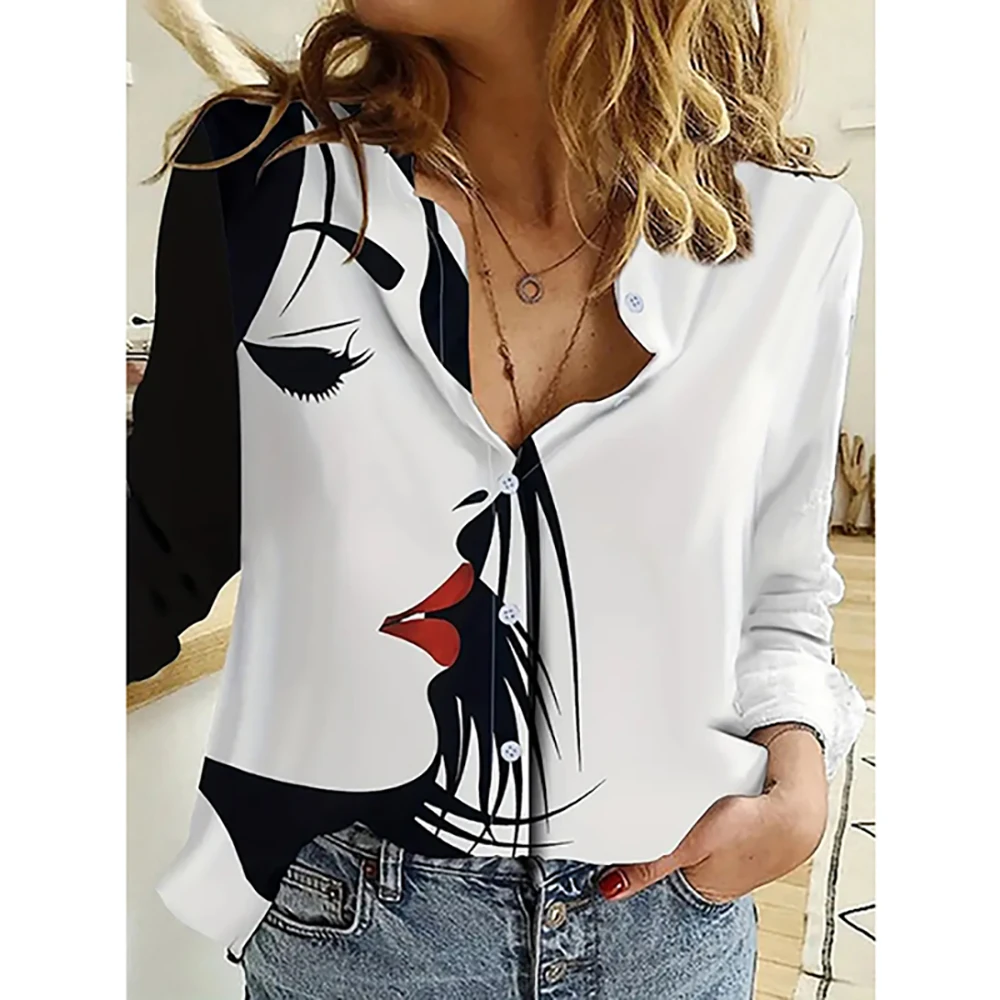 Gothic Casual Women\'s Long Sleeve Shirts Turn Down Collar Hemp Fiber Blouse Skulls Graphics Clothing Loose Female Fashion Tops