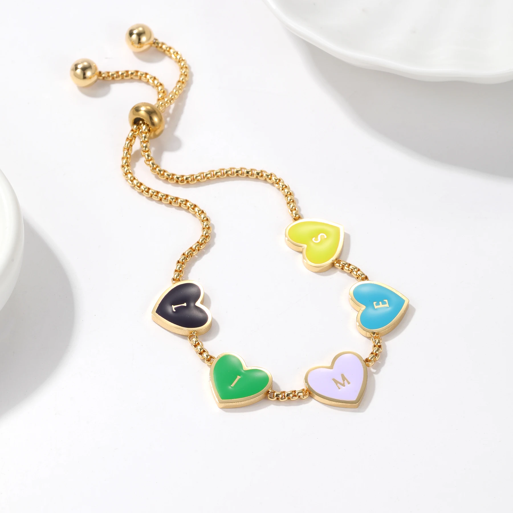 

Custom Heart Letter Bracelets Dopamine Color Personalized Heart Enamel Bracelet Adjustable Bracelet Luxury Jewelry Gift for Her