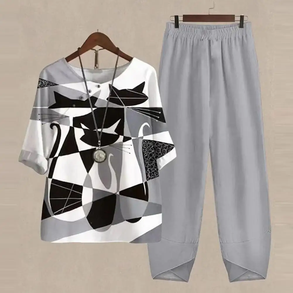 

2Pcs Summer Two Piece Sets Black White Cat Print Half Sleeves Loose Spring Casual Ladies Shirt High Waist Pants Suit 2023