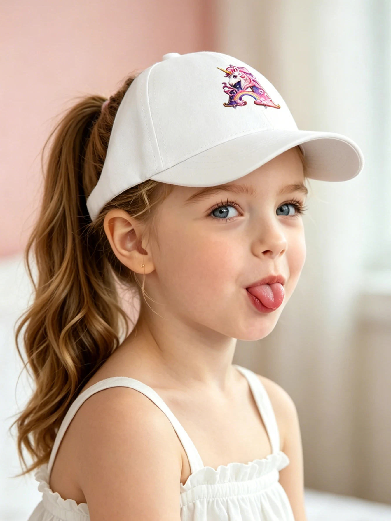 1pc white baby hat  Adjustable Youngsters' Baseball Cap with A-Z letter Rainbow Unicorn - Breathable Sun Hat for Boys and Girls view 3