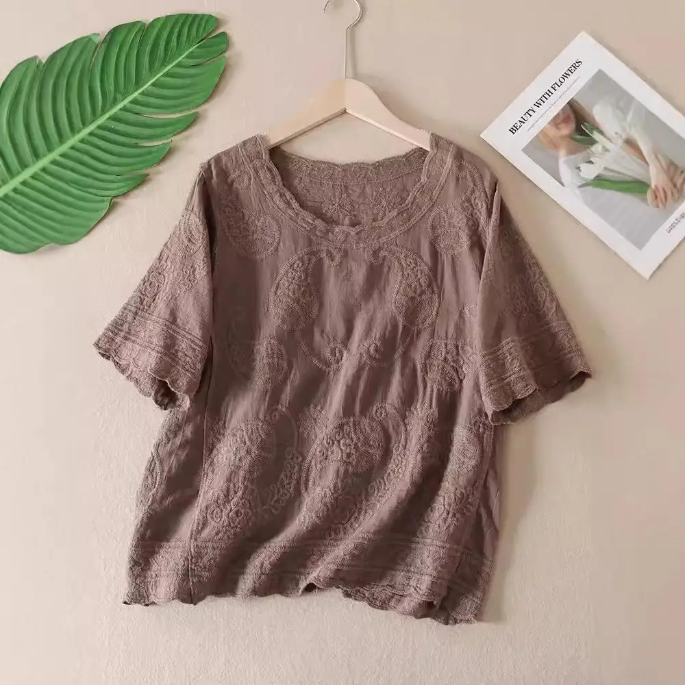 

Women's Cute Sle Cotton T-irt Caew Flower Thorn Design Knitted ort Sve Summer Top Vintage Embroidery Casual Wear