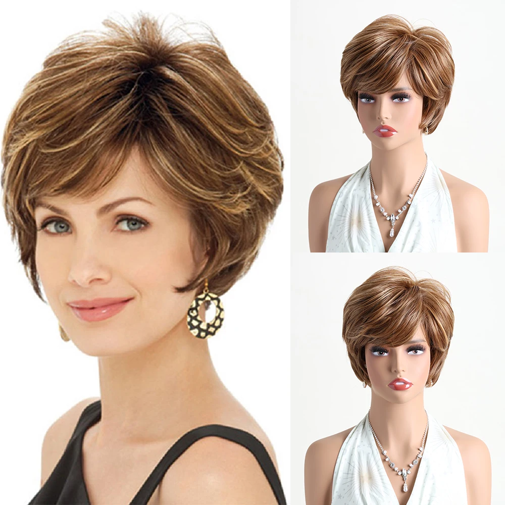 

Короткие синтетические парики с челкой, мягкие, для повседневного использования, короткие коричневые омбре кудрявые парики для женщин, для костюмированных вечеринок