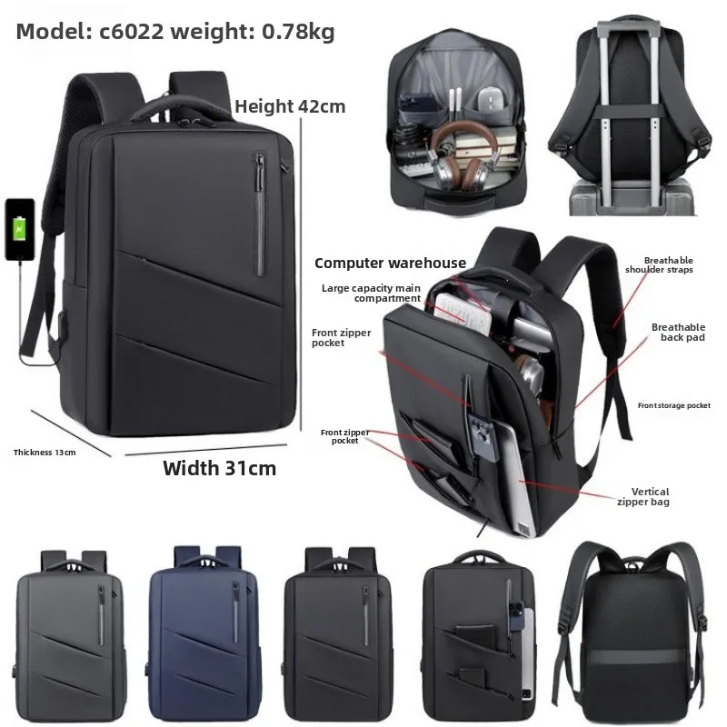 

USB Charging Port Business Backpack For Men Waterproof Multiple Pockets Men's Working Computer Bag Waterproof Travel Bagpack