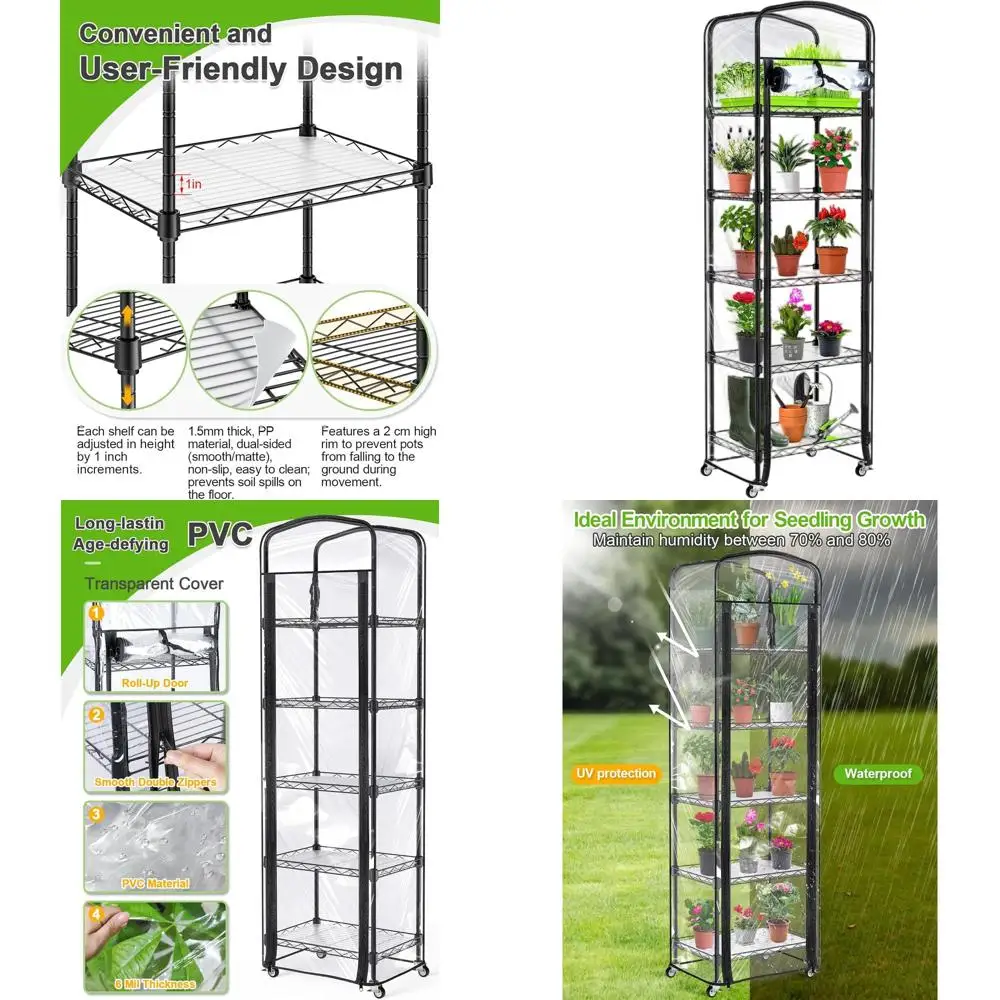 

5-уровневая регулируемая полка для теплицы на колесиках с ПВХ-покрытием и лотками для рассады, 11x16x57 дюймов