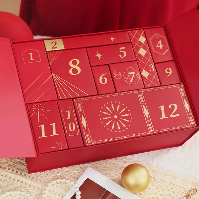 2025.Custom New Year 12 Days Luxury Gift Advent Calendar Box Portable Paper Rigid Cardboard Sponge Lining Red Packaging Printing - Image 5