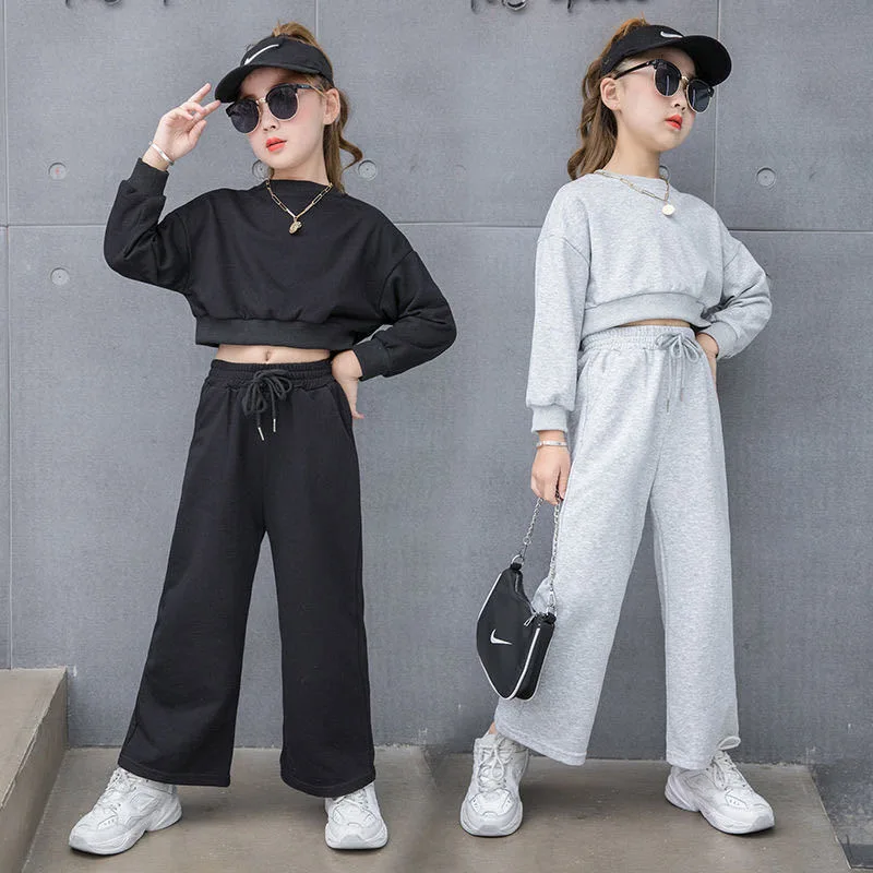 ZOETOPKID Mädchen Einfarbige Sets Kinder Langarm-Kurzpullover mit Hose 2-teilig Frühling Herbst Neue Kinder Mode Freizeitanzug – Detail 2