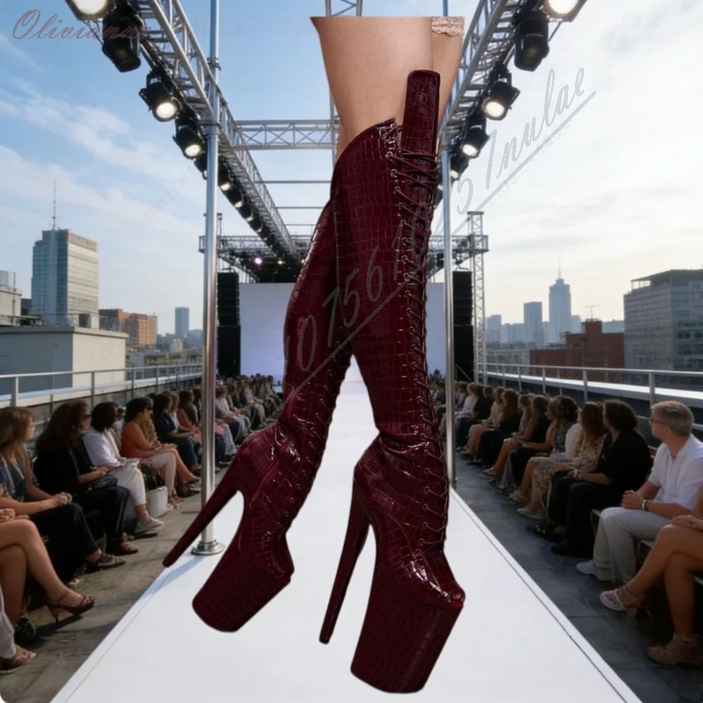 Glitter Green Front Lace-up Knee High Boots Platform Dance High Heels Side Zipper Performance Nightclub Fashion Sexy Women Shoes