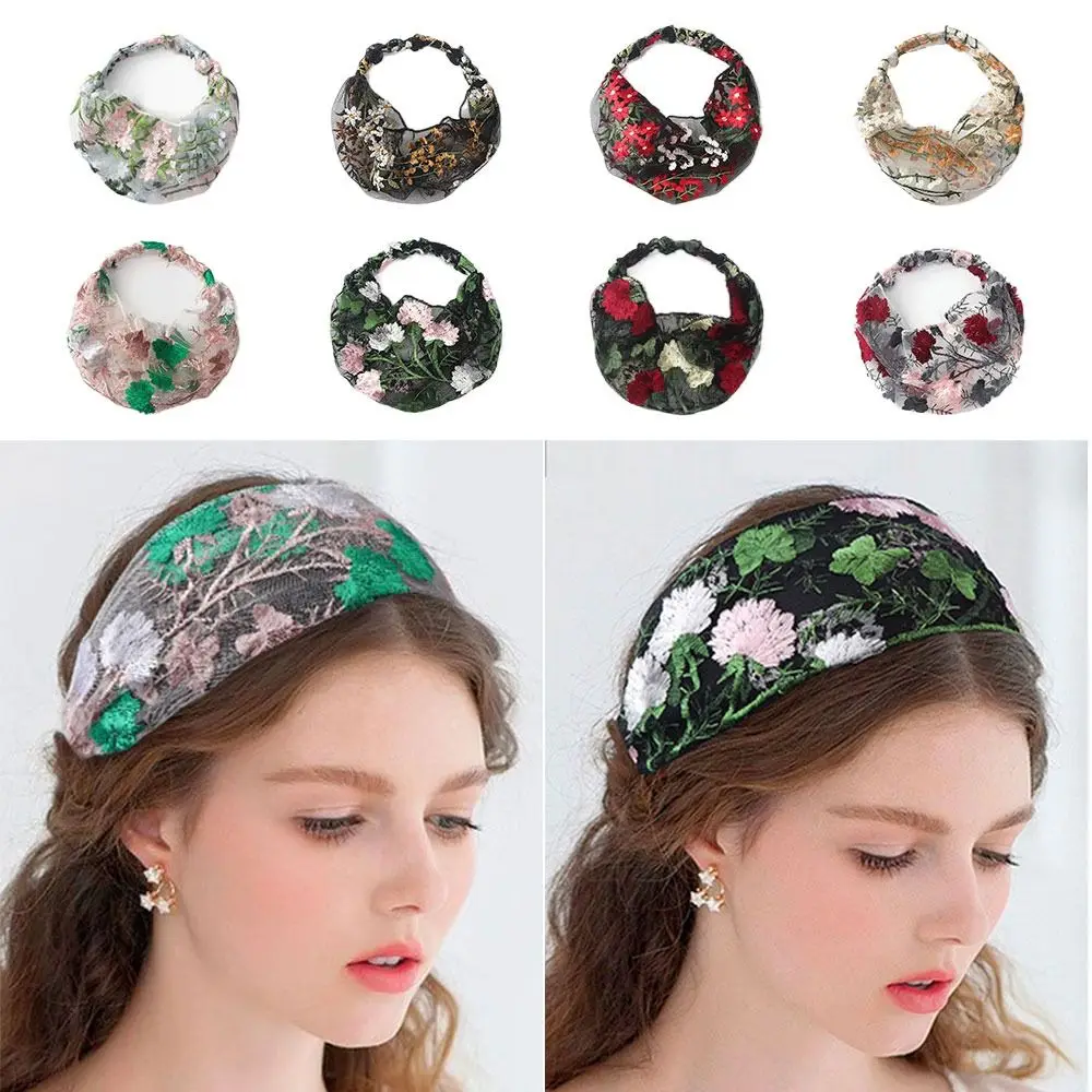 Thin Embroidered Headscarf Creative Wide Edge Hair Cover Lace Headwear Multicolor Floral Flower Pattern Headband Summer