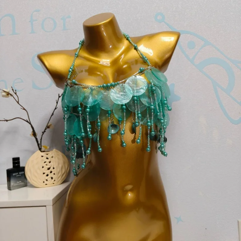 Damen Boho Muschel-Scheiben Neckholder-Körperkette Top mit Perlen und Quasten, Körpergeschirr, Crop-Top, Körperschmuck für Strand, Festival, Rave-Party, Kostüm-Tanktop – Detail 5