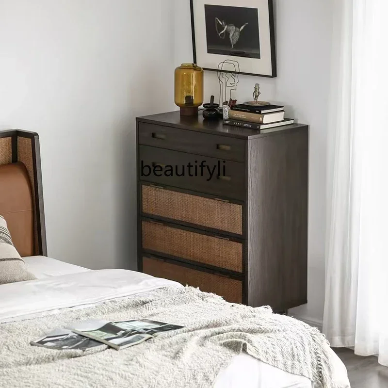 

Nordic Retro Solid Wood Chest of Drawers Wabi-Sabi Style Side Cabinet Rattan Storage Cabinet Designer Bedroom Storage Cab