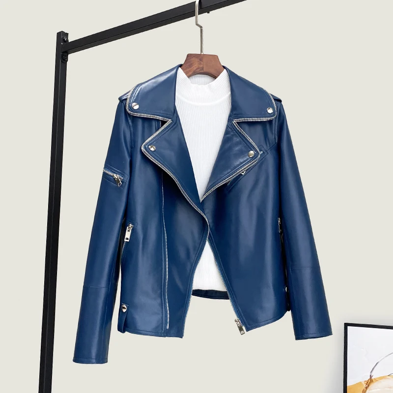 2025 Autunno Nuovo Stile Giacca di Pelle Genuina Per Le Donne Slim Fit Cappotto di Pelle di Pecora Collare Del Vestito Del Motore Biker Giacca di Pelle Più Il Formato