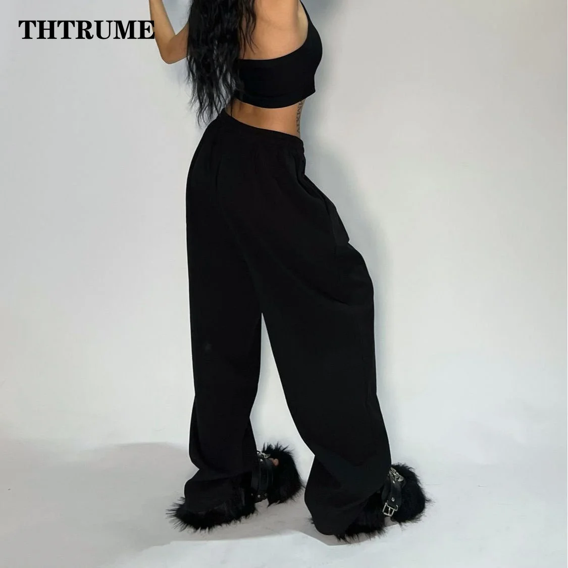 Casual Women Solid New Pant Fashion Summer Oversized Vintage Pocket Drawstring Wide Leg Pants Elegant Loose Baggy Chic Trousers - Image 5