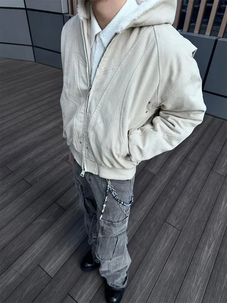 FEWQ American Style High Street Solid Color Washed Men's Plush Thick Cotton Clothing Casual Canvas Jacket 2026 Autumn New