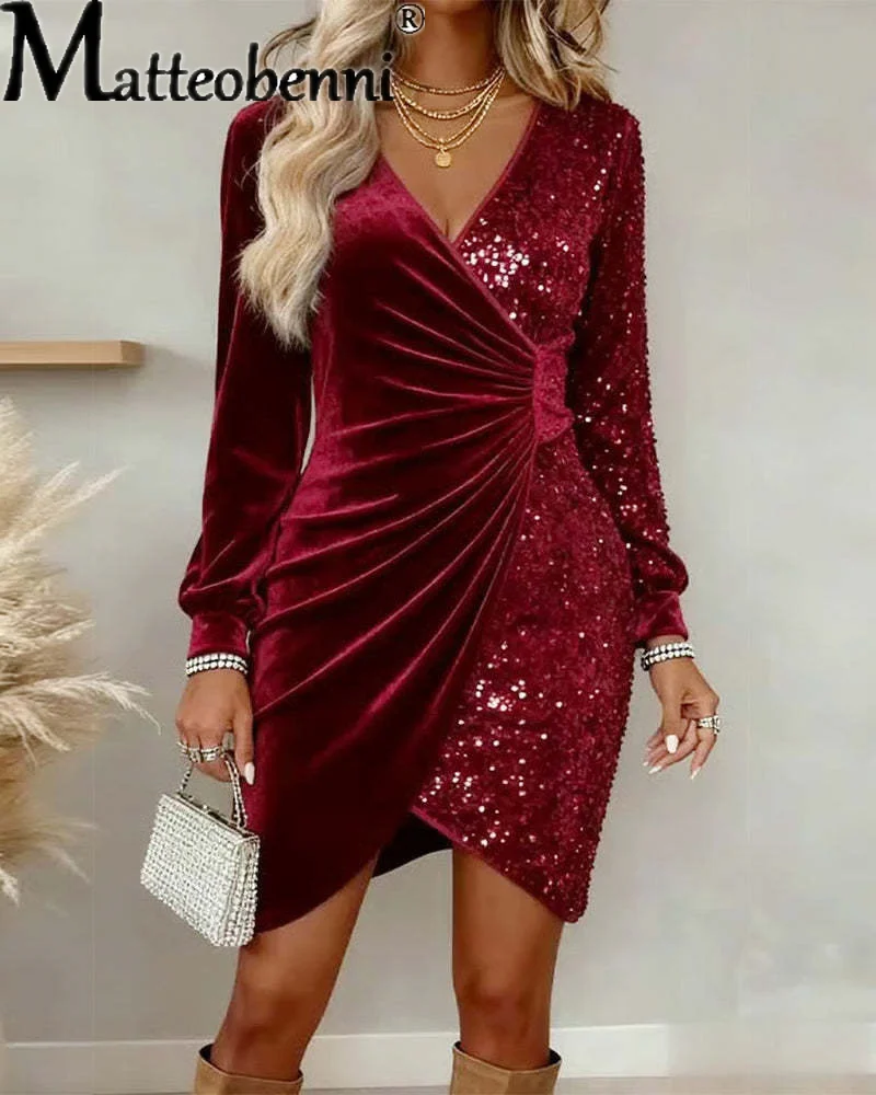 

New Women Elegant Fashion Sequin Velvet Bodycon Dress Sexy V-Neck Long Sleeve Evening Party Office Lady Long Sleeve Casual Dress