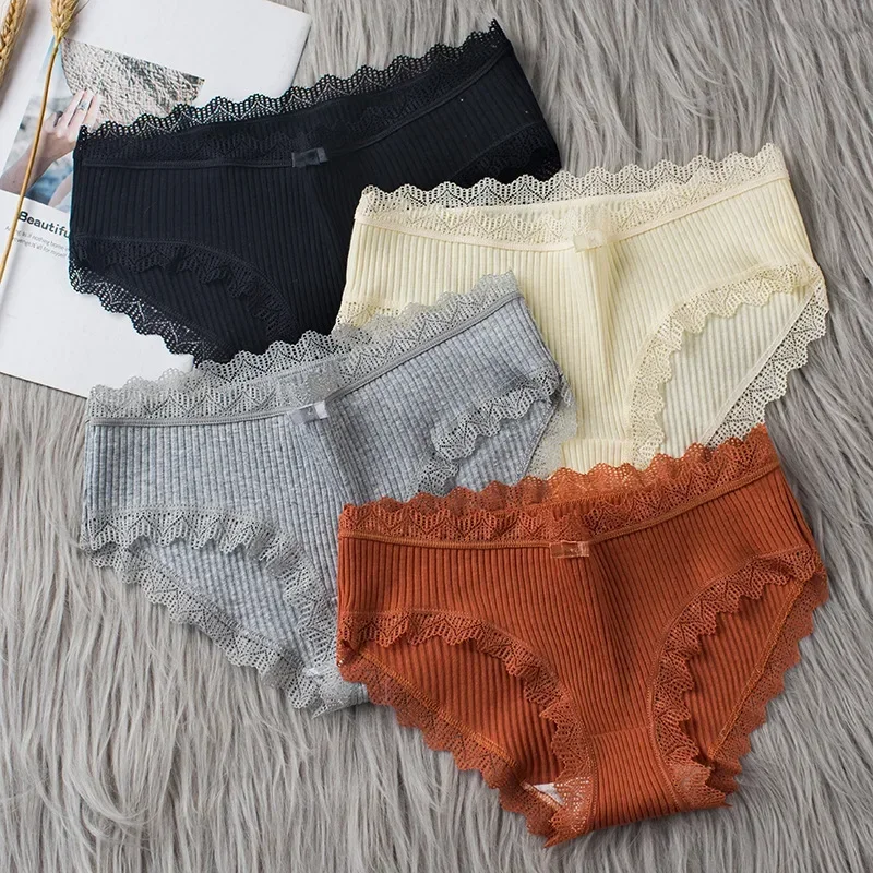 Cotton Panties for Women Lace Mid Waist Underwear Threaded Brief Solid Color Skin Friendly Ladies Underpants Breathable