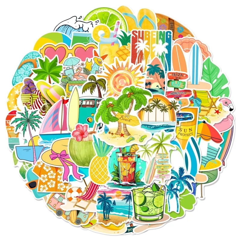 50pcs Cartoon Summer Beach Vacation Stuff Series Graffiti Stickers Suitable for Helmet Desktop Wall Decoration DIY Sticker Pack