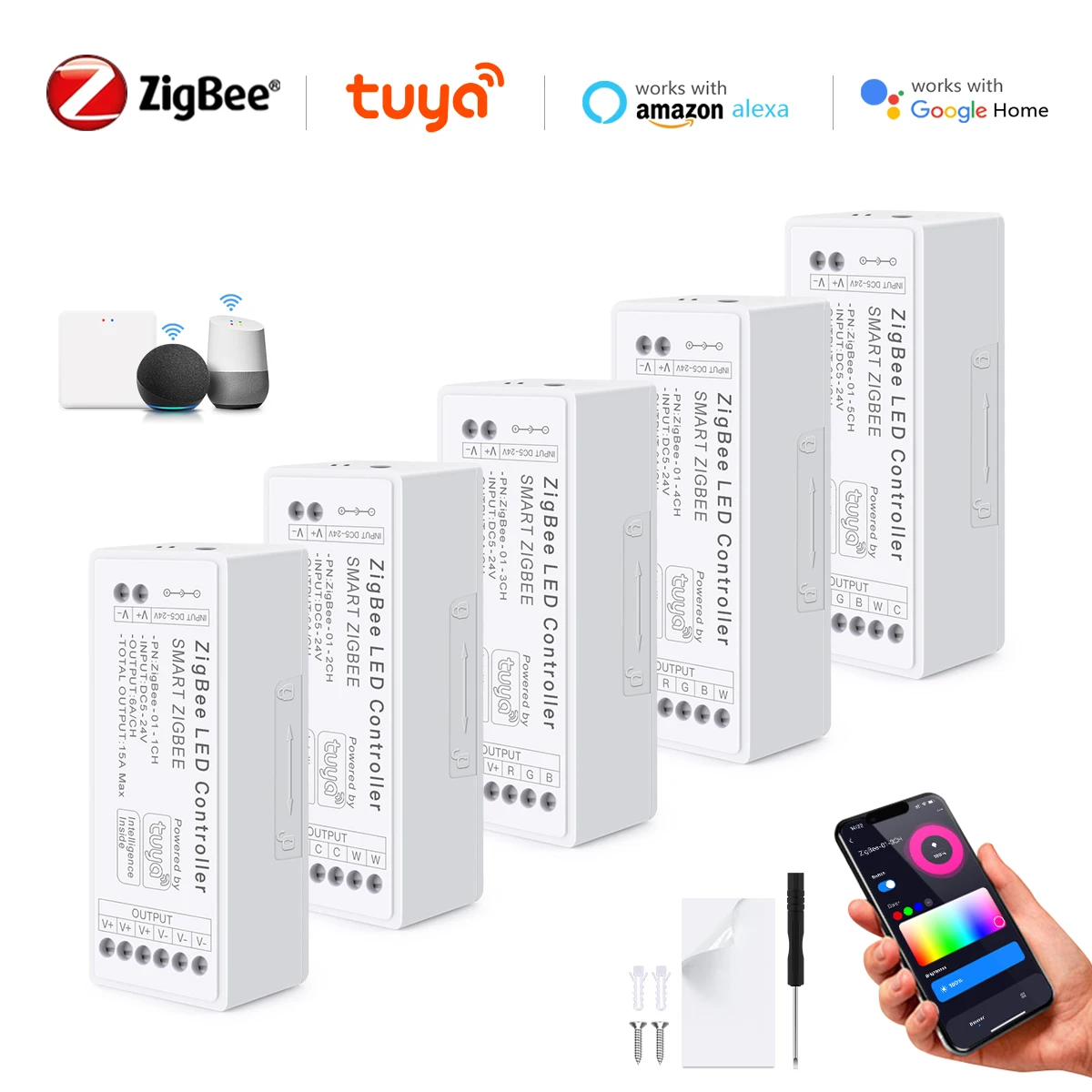 Zigbee 3.0 RGB CCT RGBW LED Strip Light Controller Dimmable Voice Control Work With Tuya Gateway Hue Bridge SmartThings Bridge