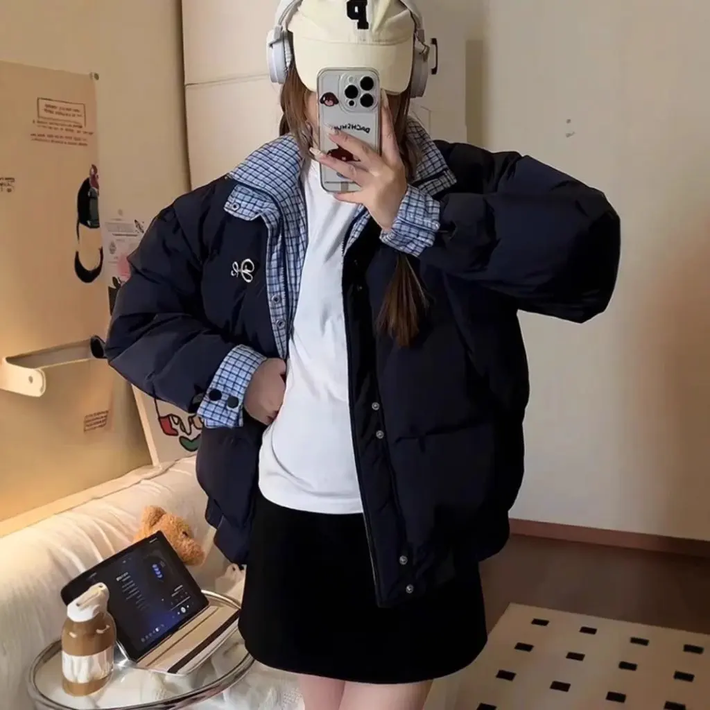 

Retro American Blue Plaid Stitching Cold-proof Cotton-Padded Coat Warm Loose Winter Jacket for Female Students Navy Blue