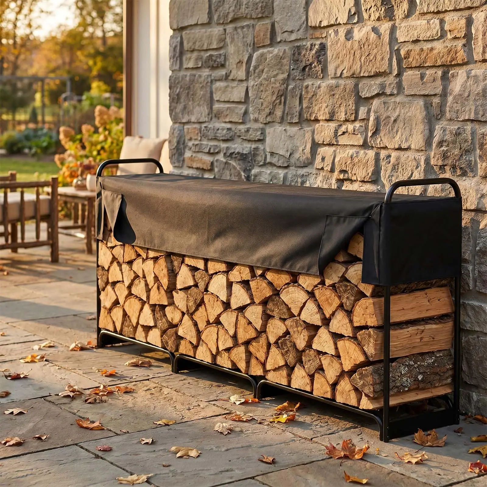 12FT Firewood Rack Outdoor with 600D Oxford Waterproof Cover, Heavy Duty Firewood Storage Rack, Raised Outdoor Wood