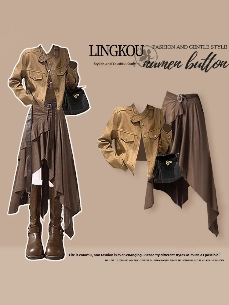 

Faionable комплект дорожной одежды ранней осени, женское пальто, майка с асимметричной юбкой, комплект из футболки больших размеров