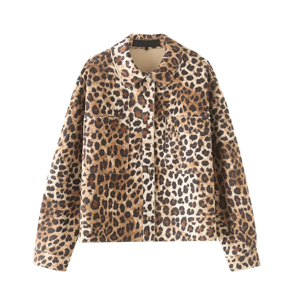 PB&ZA2024 autumn new women\'s clothing fashion temperament leopard print suede texture effect jacket long sleeved jacket