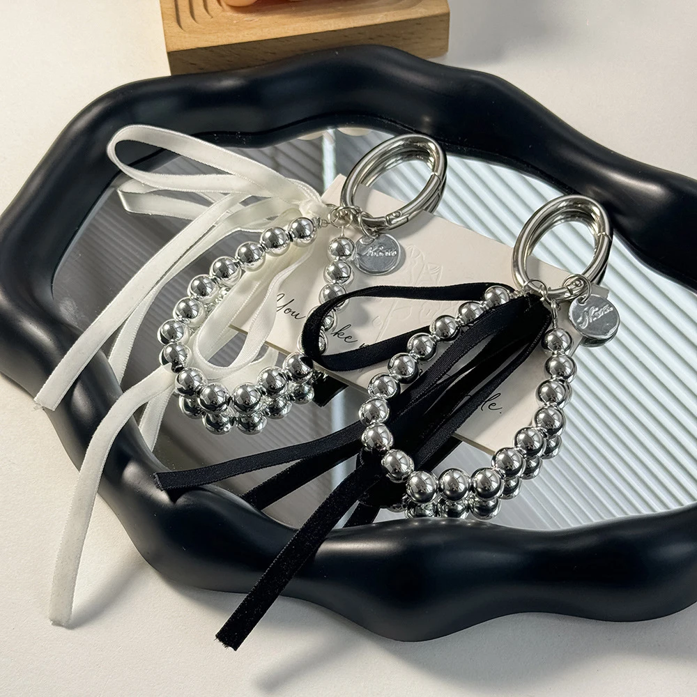 Ins Style Pearl Beads Key Chain Ribbon Bowknot Bag Decor Phone Ornament Mobile Phone Keychain Key Rings Jewelry Accessories