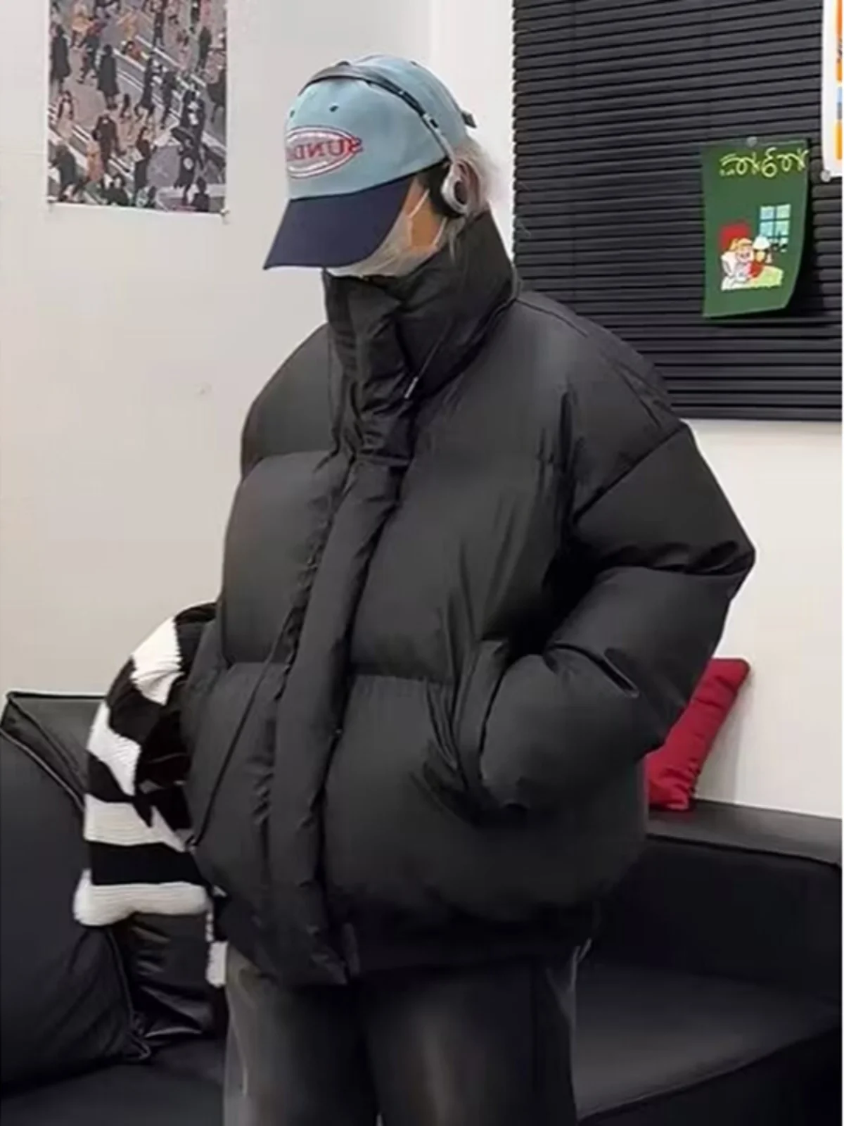 

Black Short PU Leather down Cotton Jacket Men's Winter Korean Style Warmth Bread Style Small Fragrance Style Cotton Coat