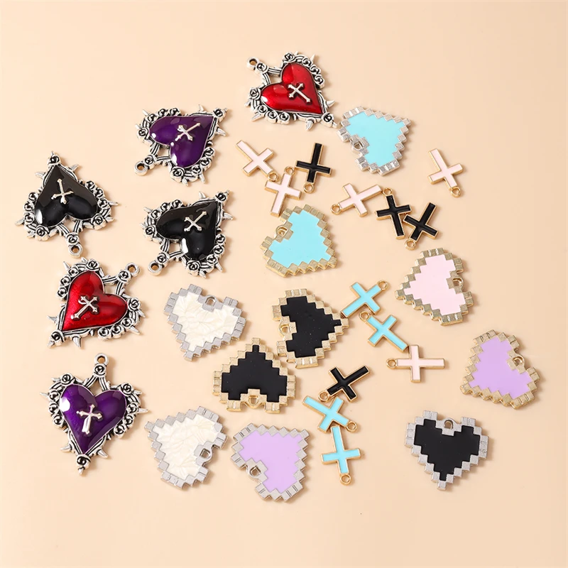 10 Stück niedliche Emaille-Anhänger mit Liebesherz und Kreuz für die Schmuckherstellung, Ohrringe, Halsketten, Armbänder, DIY-Bastelzubehör – Detail 3