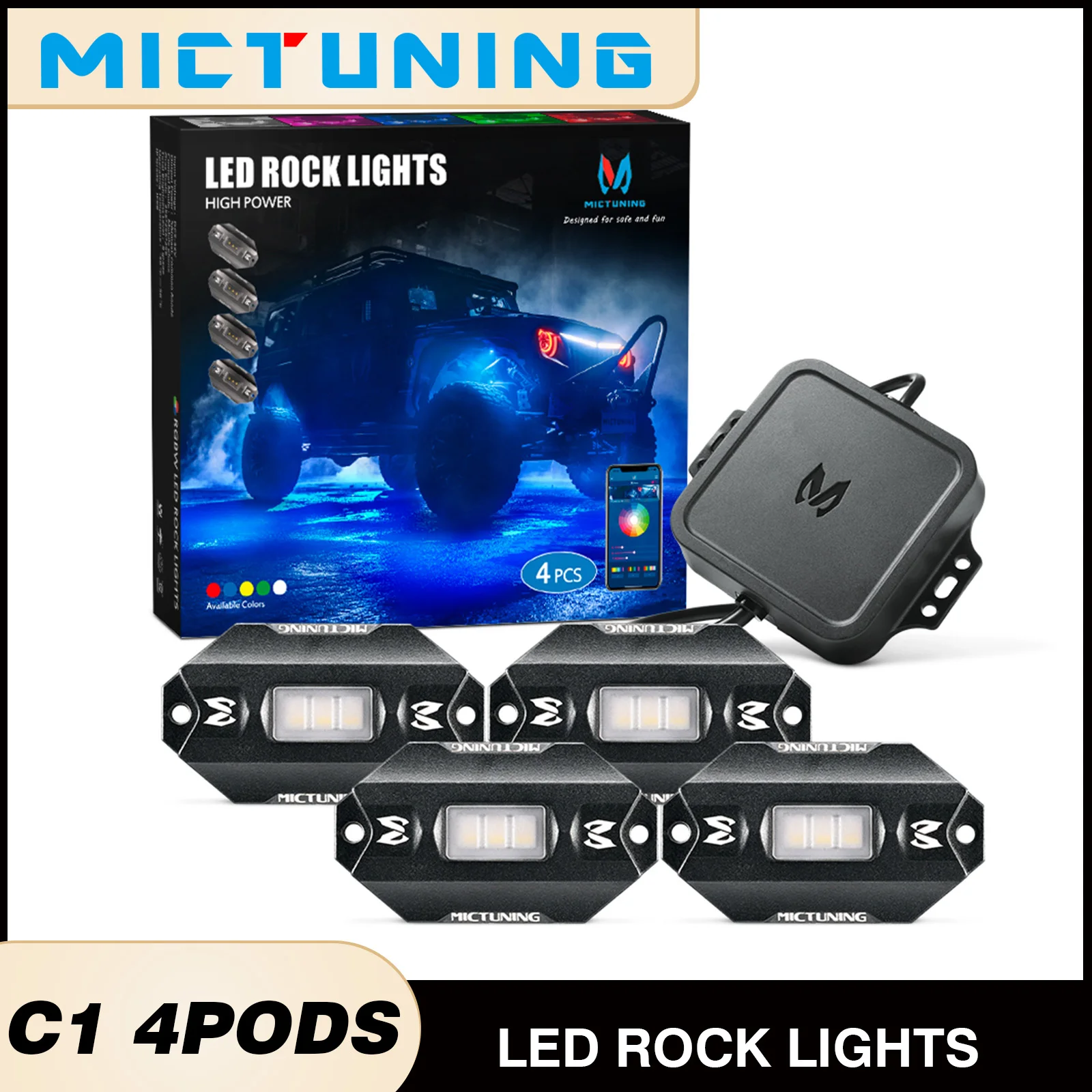 

MICTUNING RGBW LED Rock Lights with Bluetooth Controller,Music Mode,C1 4 Pods Multicolor Neon LED Light Kit For Boat Jeeps ATV