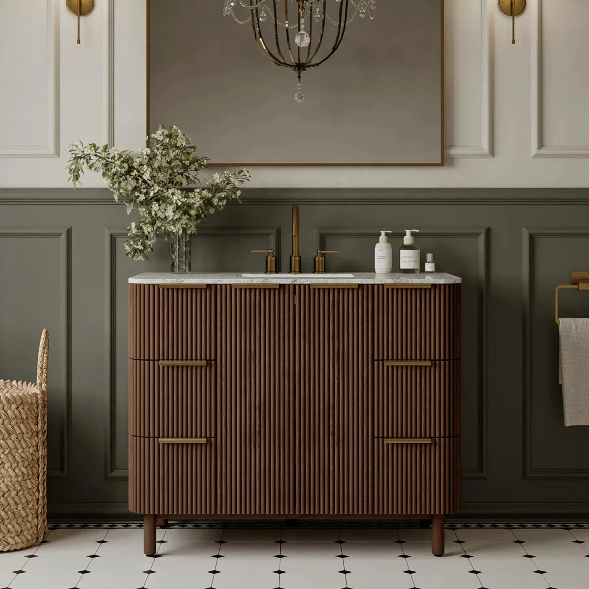 Custom Natural Solid Wood Bathroom Vanity Modern Striped Fluted Design With Quartz Countertop Single Sink Freestanding Ca