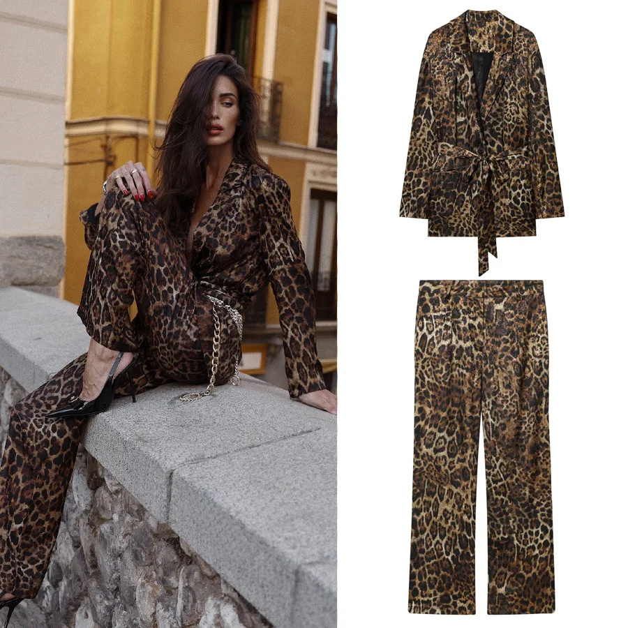 

Leopard Print Two Piece Pants Set Women's Fashionable Printed Retro Long Blazer Autumn Belted Top High Street Straight-Leg Pants