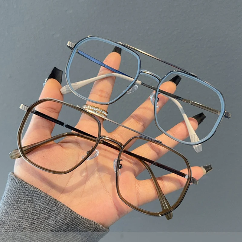إطار نظارات عالي الجودة للرجال والنساء خفيف الوزن TR معدني مزدوج الشعاع مضلع مضاد للضوء الأزرق عدسات شفافة