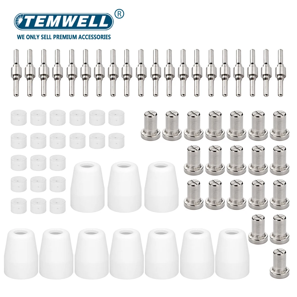 

TEMWELL 71Pcs PT31 PT-31 Extended Nickel Plasma Cutter Electrode Tips Cup Plated Consumables For PT-31 CUT40 CUT50 LGK40 HYC410