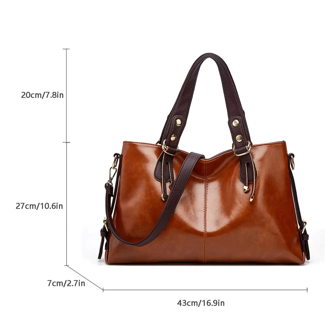 Retro Minimalist Atmosphere Large-Capacity Wide Shoulder Strap Solid Color Tote Bag, Ladies\' Fashion Multi-Layered Wax Oil Leather