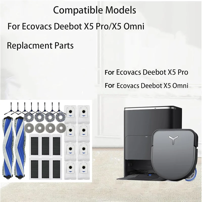 أجزاء المكنسة الكهربائية A02V-32PCS لـ ECOVACS DEEBOT X5 OMNI/X5 PRO OMNI/X5 PRO–قماش ممسحة، فلتر Hepa، فرشاة رئيسية وجانبية متضمنة
