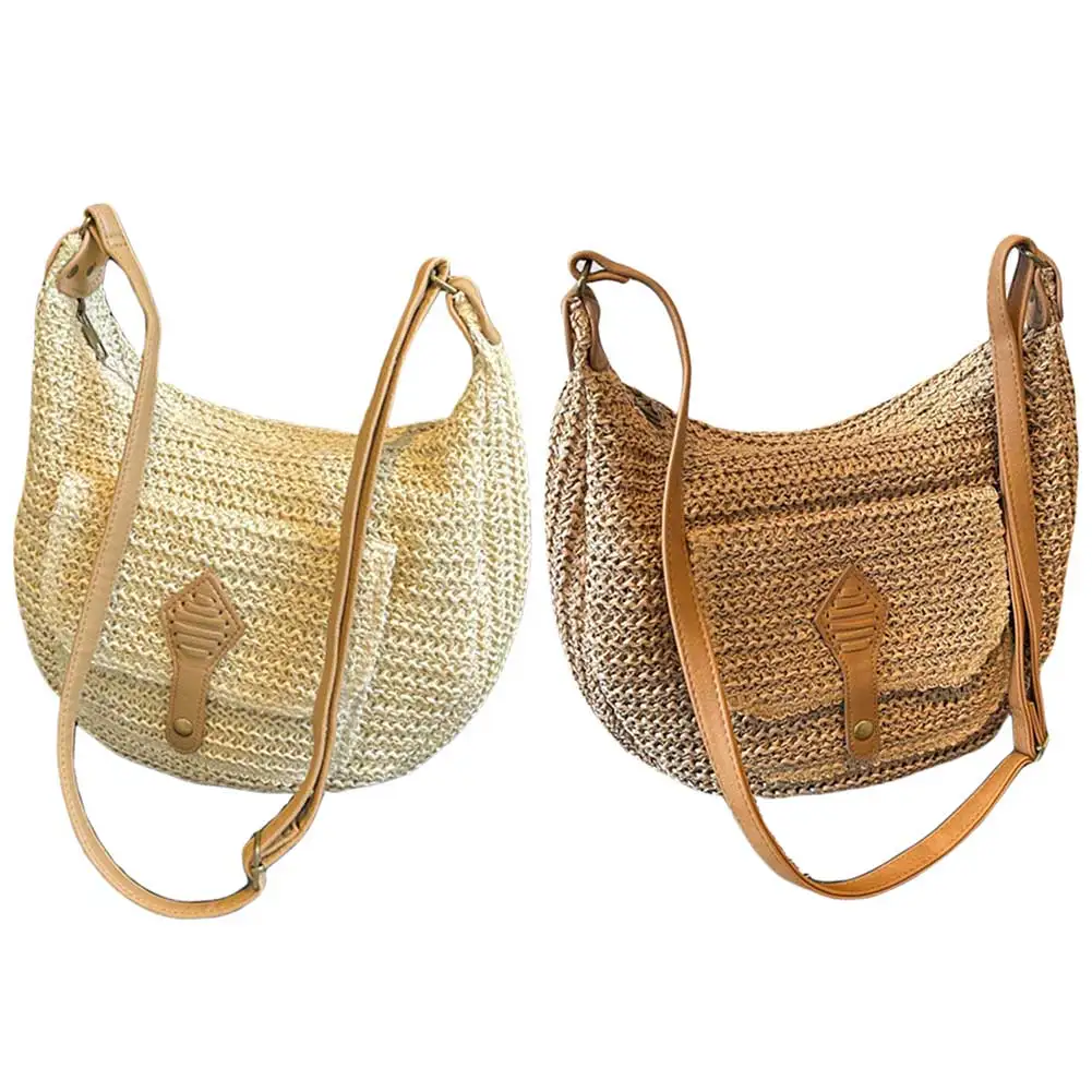 Bolso de hombro tejido de paja para mujer, correa de hombro ajustable, monedero de playa de verano, bolso Hobo con cremallera para vacaciones, viajes, compras